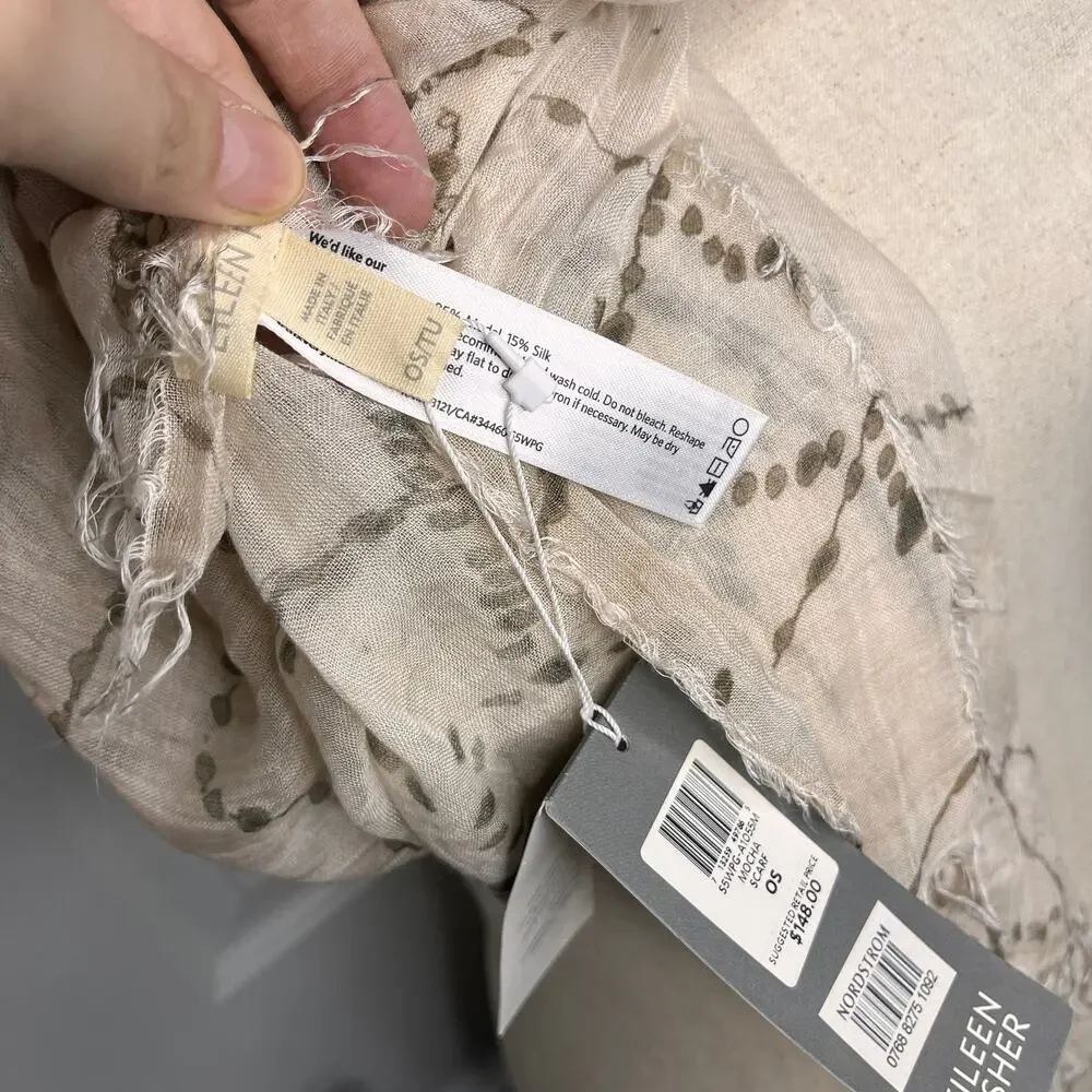 Eileen Fisher Scarf Women's White Grey Web Printed Gauze Modal Silk Flawed